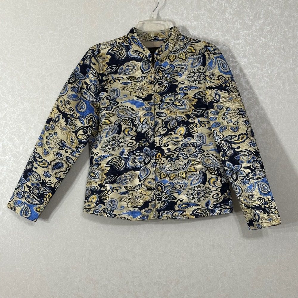 Silk Land Pleated Texture Paisley Floral Zip Front Mock Neck Jacket Blue Gold M
